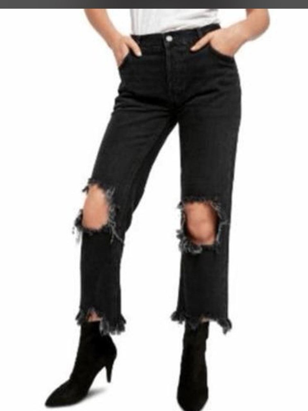 We The Free Black Straight-Leg Distressed Knee Jeans